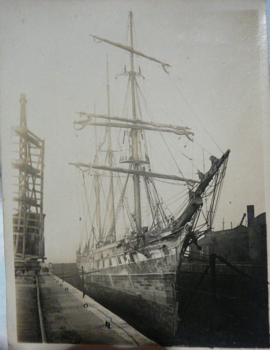 Looking aft along the starboard bow. Note the reduced barquentine rig. Compare with known image below